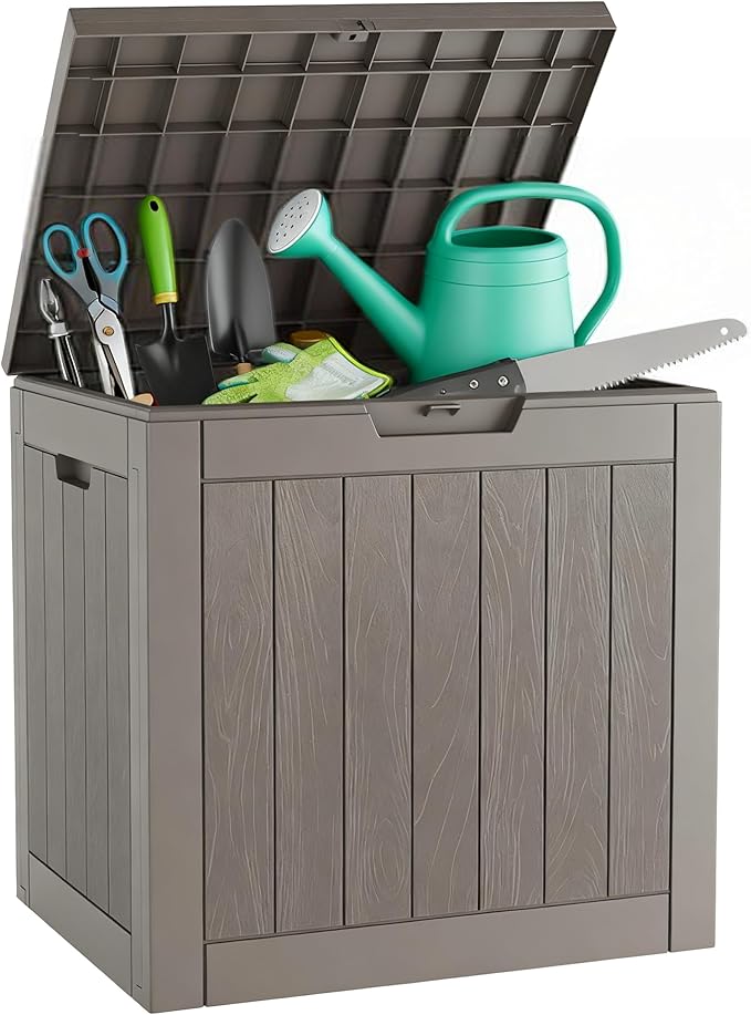 Outdoor Storage Box, Resin Deck Boxes Indoor and outdoor, Waterproof Storage Box Lockable Lid (Grey,35 Gallon)