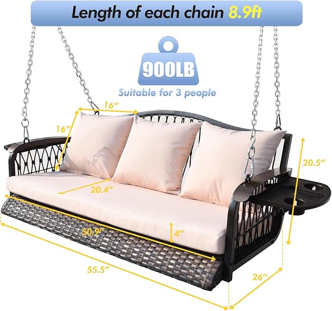 Wicker Porch Swing Heavy Duty 900 LBS 3-Seat Outdoor Patio Swing Chair with Cushions & 8.9ft Chains Outdoor Hanging Bench with Upgraded Cup Holders for Garden Deck Backyard