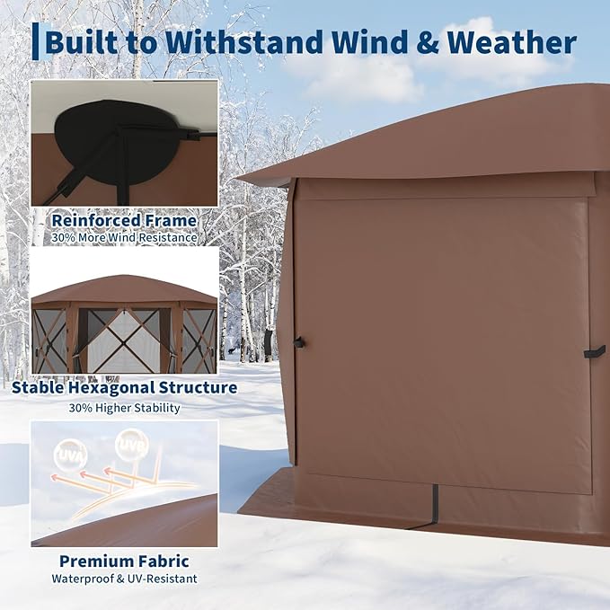 11.5x11.5FT 6-Sided Pop Up Gazebo Tent，One-Push Setup Canopy Tent with Mesh Panels & Removable Wind Cloths, Outdoor shelter for Camping, Backyard Parties, Outdoor Events - Beige & Khaki