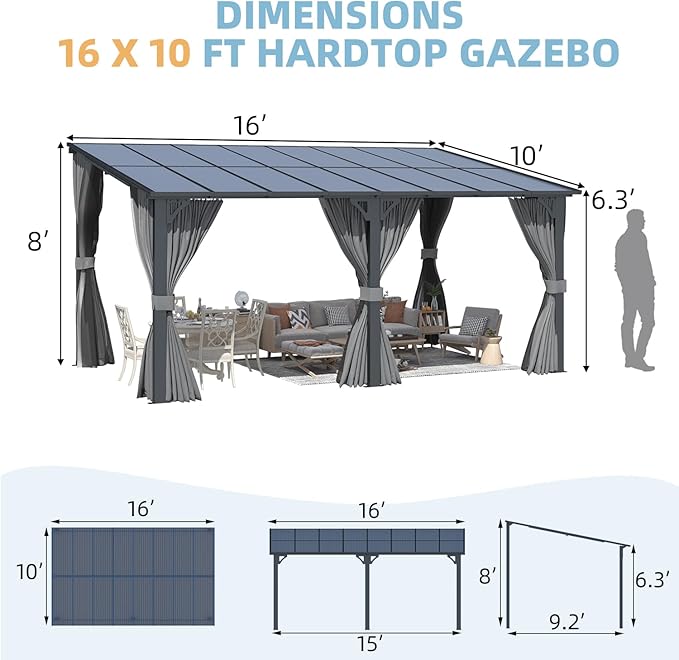 AECOJOY 16' x 10' Gazebo Outdoor Pergola for Patio with Curtains and Netting, Large Wall-Mounted Hardtop 10x16 Lean to Metal Gazebo Shelter Pergolas and Gazebos Clearance with Patio Roof