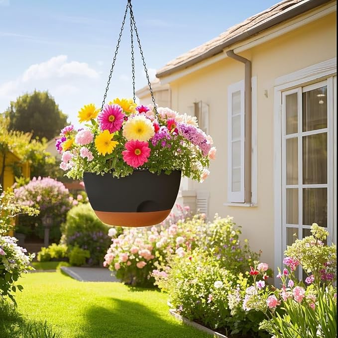 Hanging Planter for Indoor Plants, 10 Inch Self-Watering Hanging Planters with Drainage Holes and Chain, Set of 2 Outdoor Hanging Pots for Garden Home