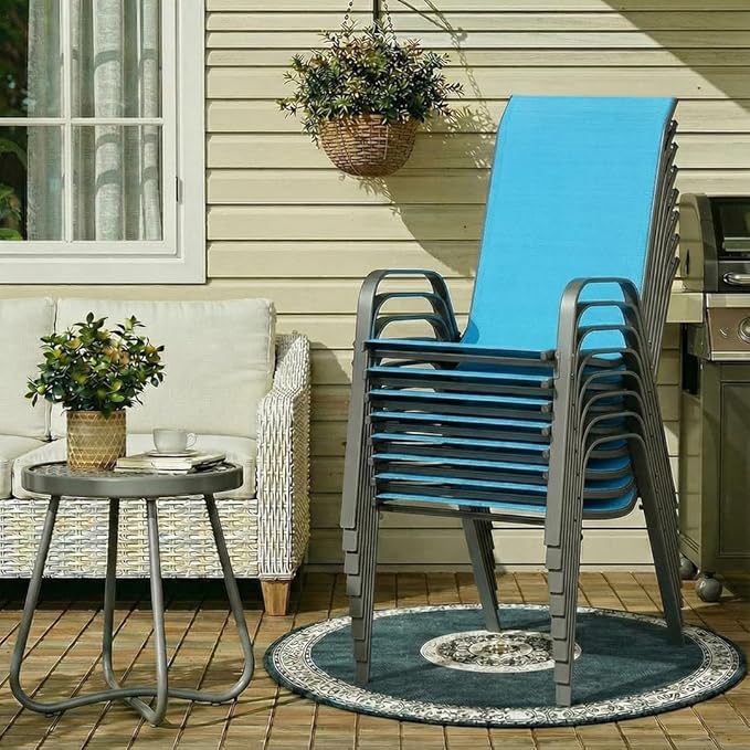 MAMIZO Patio Dining Chairs, Stackable All Weather Teslin Chair, Heavy Duty Outdoor Breathable Chairs Set, w/Armrests, Upgraded Chair FeetW/Strenthened Iron Spacers, 330 LBS (8, Turquoise Blue)