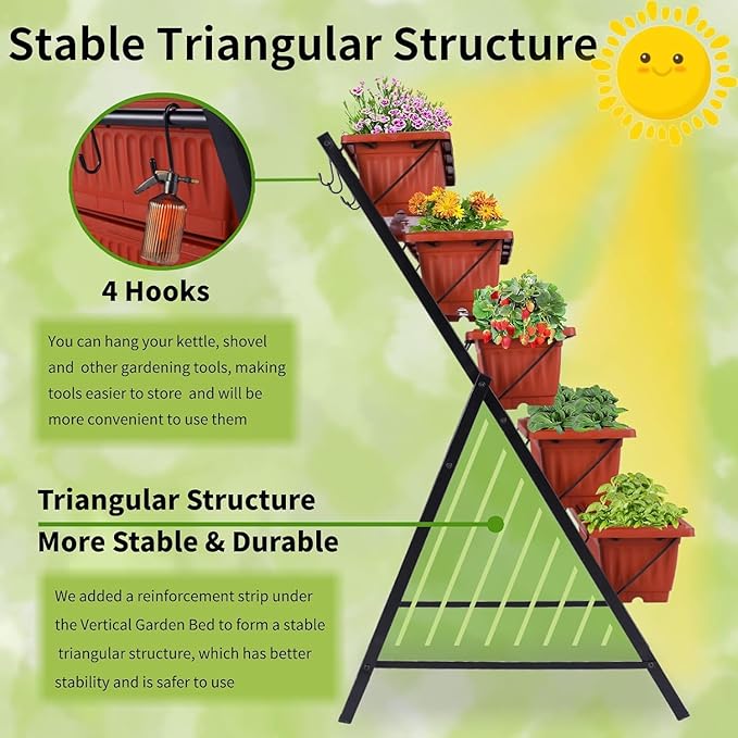 Homdox 2 Pack Vertical Garden Bed, 5 Tiers Vertical Raised Garden Planter, 23 * 26 * 45Inch Outdoor Garden Raised Bed with 4 Hooks, Vegetable Flower Planter Raised Stand for Garden Patio Yard, Brown