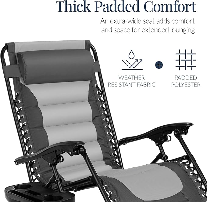 Best Choice Products Oversized Padded Zero Gravity Chair, Folding Outdoor Patio Recliner, XL Anti Gravity Lounger for Backyard w/Headrest, Cup Holder, Side Tray, Polyester Mesh - Gray/Light Gray
