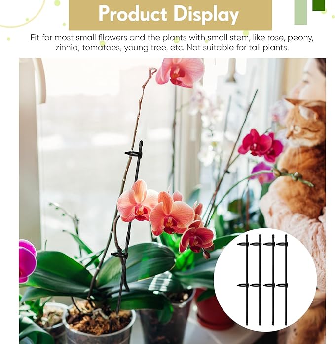 meekoo 30 Pcs Adjustable Garden Plant Support Stakes Single Stem Plant Cage Support Rings with Clips and Connect Pipe for Orchid Rose Tomato, 12 Inch (Black)