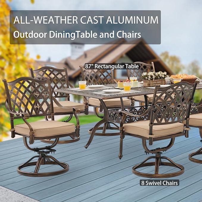 9-Piece Cast Aluminum Patio Furniture, Outdoor Dining Sets for 8 Include 87" Rectangular Patio Dining Table and 8 Swivel Chairs with Cushions & Umbrella Hole(Bronze)