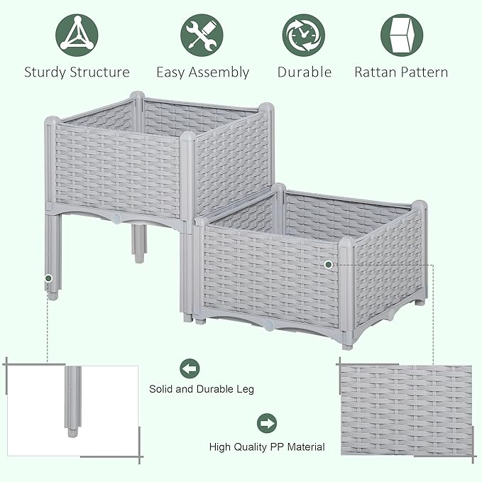 Outsunny 2 Piece Raised Garden Bed with Legs, Planter Box Raised Bed to Grow Flowers, Herbs & Vegetables, Gray