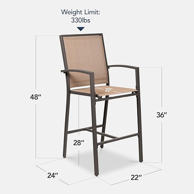 Best Choice Products Outdoor Bar Stools Set of 2, Bar Height, Patio Furniture, All Weather Mesh Design w/Armrest - Brown/Light Brown