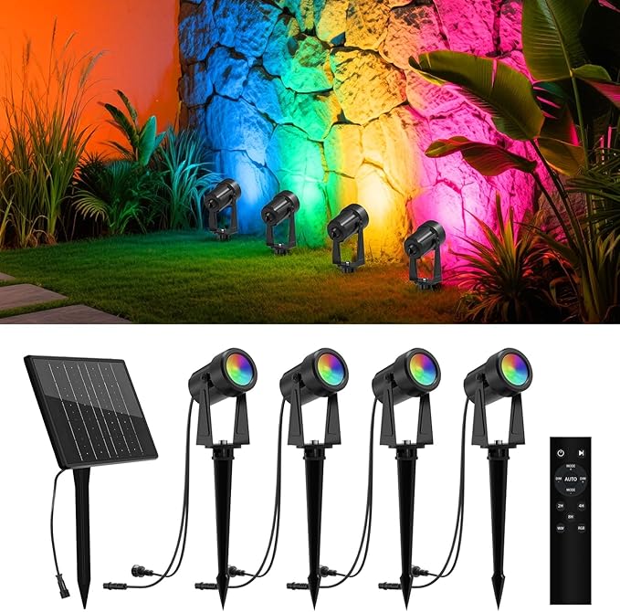 ZYAN Solar Landscape Spotlights Outdoor, Auto On/Off & IP65 Waterproof, LED Spot Lights for Garden, Pathway, Tree, Yard Warm White/RGB Color (Multi-Colored, 4 Pack)