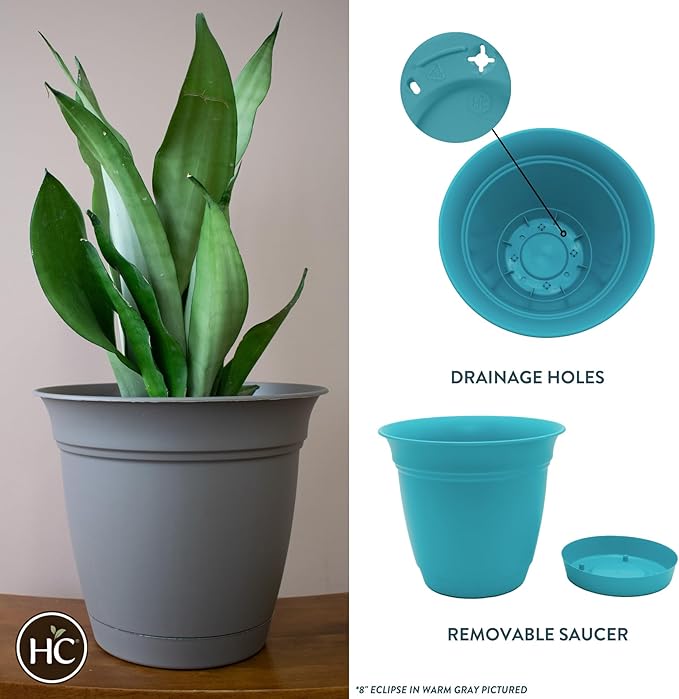 The HC Companies 8 Inch Eclipse Round Planter Pots with Drainage Holes & Attached Saucer, Lightweight UV-Resistant Plastic Indoor & Outdoor Planters, 6-Pack Flower Pots for Garden & Home Decor, Teal