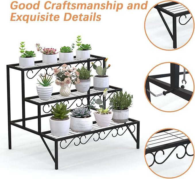 3 Tier Metal Plant Stand Outdoor Indoor, Heavy Duty Flower Pot Holder Display Shelf,Multifunctional storage rack for Patio Garden Livingroom Bedroom,Black