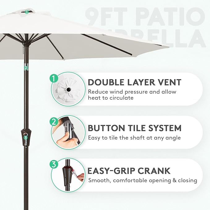 JEAREY 9FT Outdoor Patio Umbrella Outdoor Table Umbrella with Push Button Tilt and Crank, Market Umbrella 8 Sturdy Ribs UV Protection Waterproof for Garden, Deck, Backyard, Pool (Creamy-white)