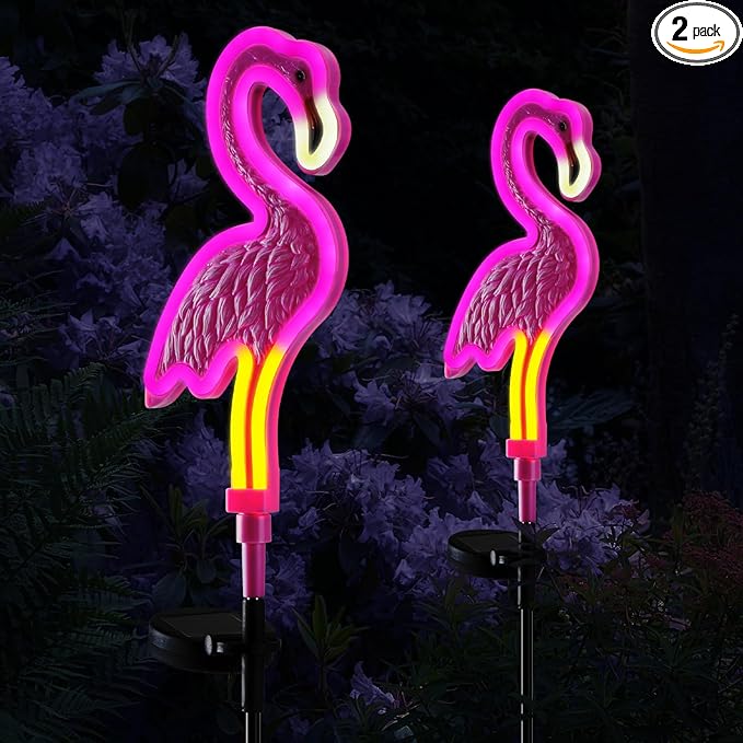 Flamingo Solar Lights Outdoor Decor, Solar Pink Flamingos Outdoor for Yard Decorations,Pink Neon Solar Flamingo Garden Lights for Outside,Pathways,Patio or Lawn Decor(2Pack)