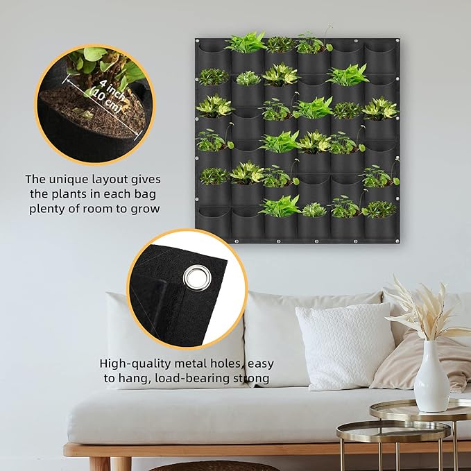 Hanging Planting Grow Bags, 36 Pockets Hanging Vertical Wall Planter Wall Mounted Grow Bag Outdoor Indoor Gardening Vertical Greening Flower Container, Planting Bags Storage Bags(1.0 m × 1.0 m, Black)