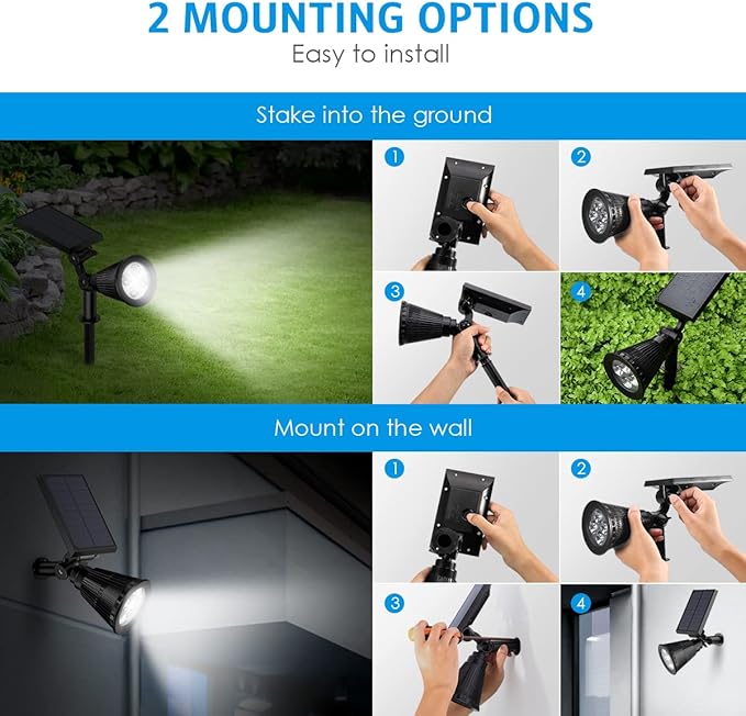 AMIR Solar Spotlights Outdoor Upgraded, Waterproof 1 Pack Security Landscape Lights 4 LED, Adjustable Solar Garden Light with Auto On/Off for Yard Driveway Pathway Pool Patio (White)