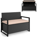 RELAX4LIFE Wicker Outdoor Bench with Storage - Rattan Deck Box w/Protective Liner for Pillows, Pool Supplies, Garden Tools, Patio Loveseat with Seat Cushion & Metal Armrests for Backyard Porch Balcony