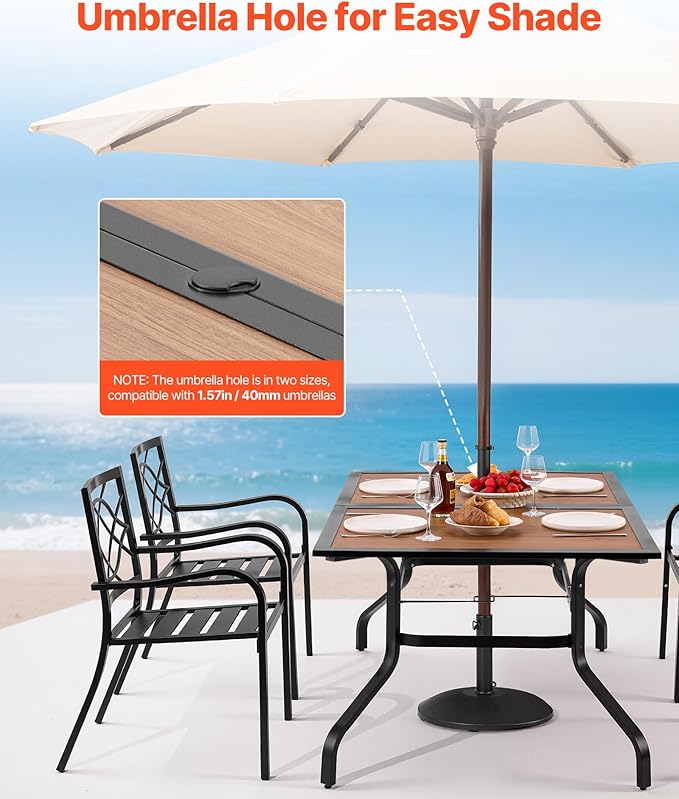 VEVOR Outdoor Patio Dining Table, 59 inch Long Rectangular Wood-Like Steel Slat Backyard Bistro Tables for 4-6, with 1.5 in Umbrella Hole, All-Weather Large Furniture for Lawn Garden Porch, Brown