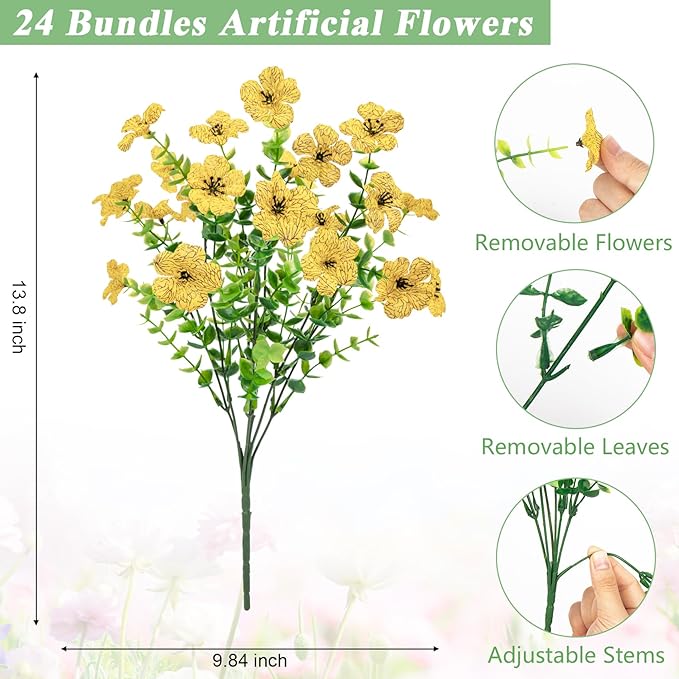 Bassion Artificial Flowers for Outdoors, 24 Bundles UV Resistant Fake Flowers Realistic Silk Faux Plants for Outdoor Planter Window Box Porch Patio Garden Home Outside Decorations