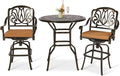 VIVIJASON 3-Piece Patio Swivel Bar Stools Set, All Weather Cast Aluminum Outdoor Bar Height Bistro Set with 2 Cushioned Bar Chairs & 35.4" High Bar Table w/Umbrella Hole for Backyard, Lawn, Garden