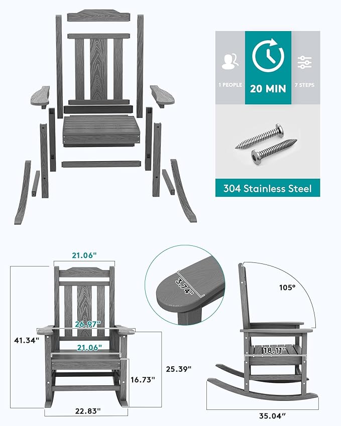 SERWALL Oversized Rocking Chair Outdoor, HDPE Outdoor Rocking Chair, Grey