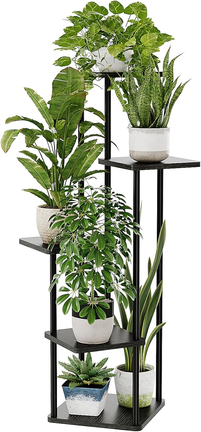 Bamworld Black Plant Stand Indoor 5 Tier Plant Shelf for Multiple Plants Corner Flower Stand Metal Wood Plant Table for Patio Garden Balcony Living Room Bedroom