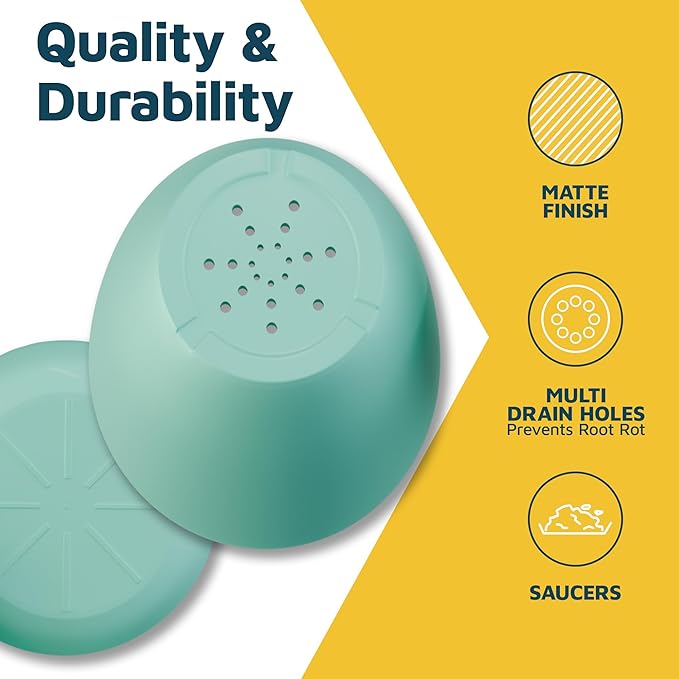 Aqua Plant Pots with Drainage Holes & Saucers 3 Pack, Indoor & Outdoor Stackable Space-Saving Planters for Houseplants & Flowers, (7", 6.7", and 6" Inches), Durable & Weatherproof Materials