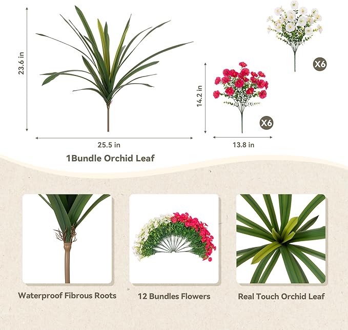 Artificial Flowers for Outdoors Fake Plants Outside, 12 Bundles Silk Morning Glory with Eucalyptus + Orchid Leaf UV Resistant Realistic Faux Flowers for Porch Planter Garden Patio (White Hot Pink)