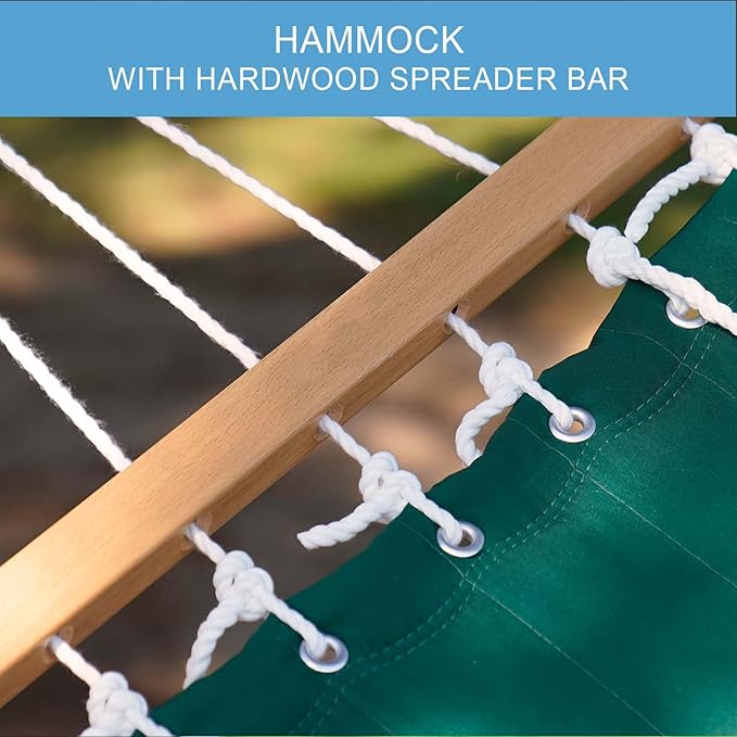 Lazy Daze Hammocks 12 FT Double Quilted Fabric Hammock with Spreader Bar and Detachable Pillow, 2 Person Hammock for Outdoor Patio Backyard Poolside, 450 LBS Weight Capacity, Dark Green