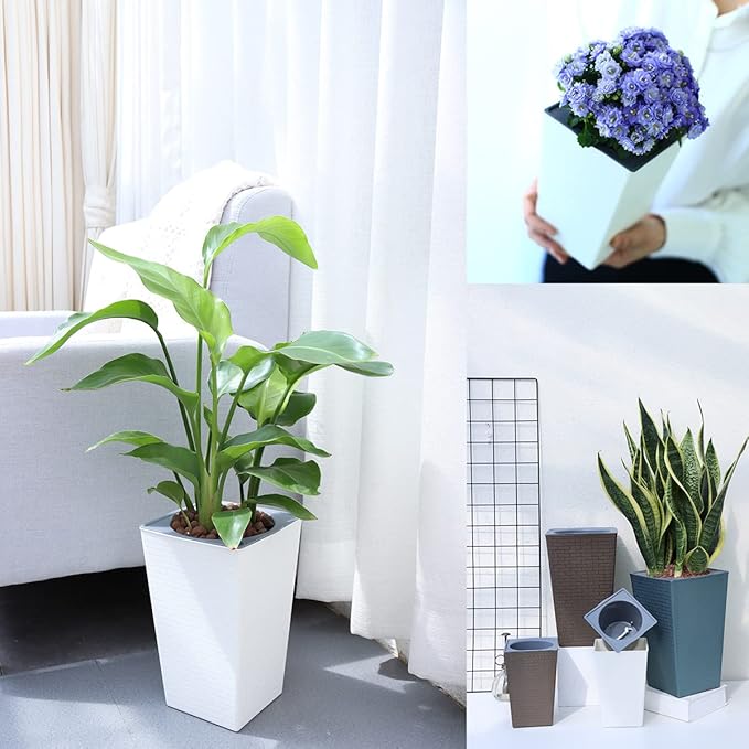 2 Pack Self Watering Planters 10.7" x 6.9" Planter for Indoor Plants White Self Watering Violet Pots Plastic Flower Pots Square Planter with 3D Wallpaper Pattern