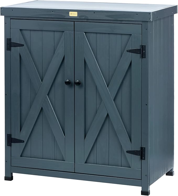 HABAU Outdoor Storage Cabinets Weatherproof for Patio, Garden Work Bench with Shelves & Metal Tabletop, Wooden Potting Table Workstation