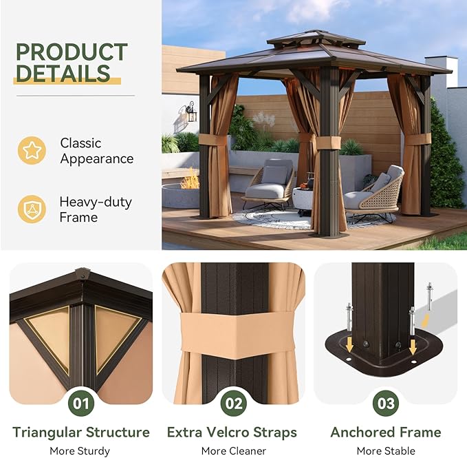Aoxun 8'x8' Hardtop Gazebo, Aluminum Frame Permanent Pavilion with Curtains and Netting, Outdoor Polycarbonate Double Roof Canopy, Designed for Garden, Lawns, Patio, Brown