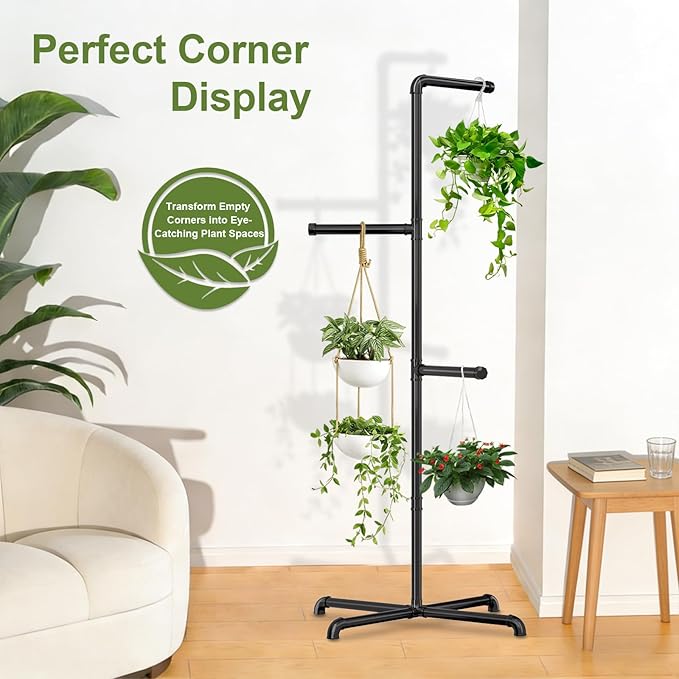 Hanging Plant Stand, Plant Hanger Indoor, Corner Hanging Plant Stand, Black Metal Holder for Bedroom, Living Room, Garden, Balcony