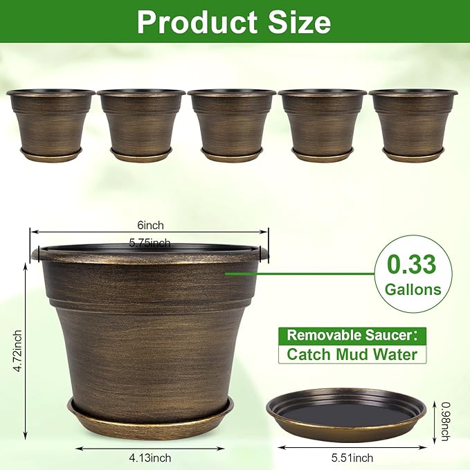 Plant Planters Pots Set of 6 Pack 6 Inch, Plastic Flower Pot For Indoor Plants With Drainage Holes & Trays, Resin Decorative Container Sets With Saucer For House Outdoor Garden Planters Dark Gold