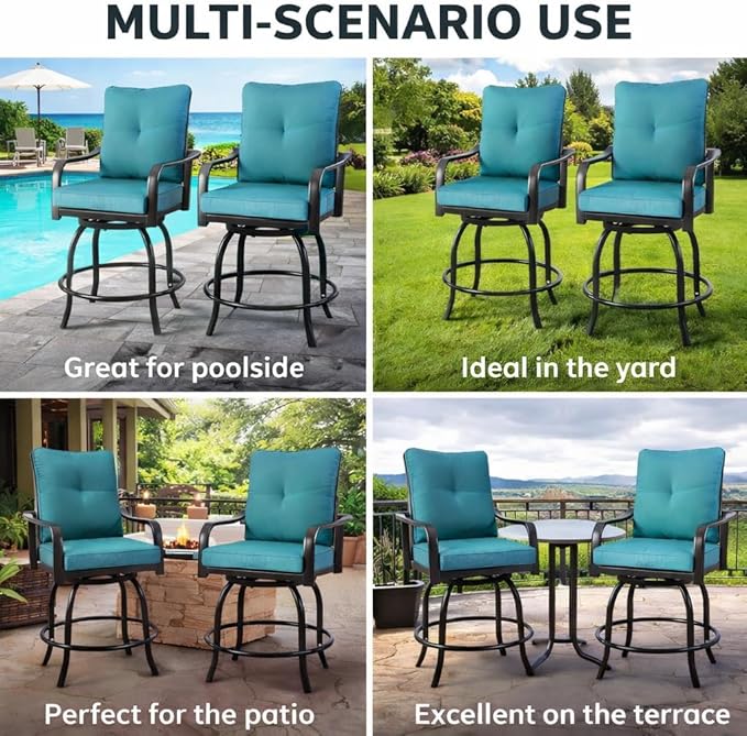 Kozyard Isabella Outdoor Swivel Bar Chairs, Counter Height Patio Bar Stools Set of 2 with Cushioned Seats, All-Weather Metal Bistro Chairs for Backyard Dining (Aqua, with Cushion)