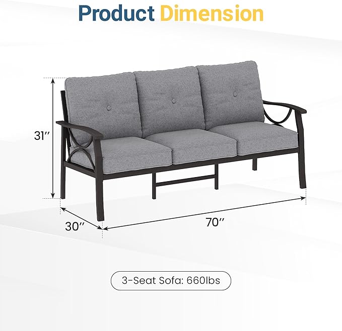 RoyalCraft Patio 3 Seats Sofa, All-Weather Outdoor Couch, Patio Furniture Sofa,Khaki Metal Furniture with Gray Cushions