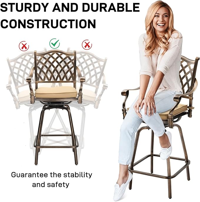 VINGLI Outdoor Swivel Bar Stools Set of 2, Cast Aluminum All-Weather Patio Bar Height Chairs, Patio Bar Dining Chairs Outdoor Swivel Patio Furniture (Grid Back)