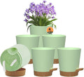 Self Watering Pots, 4 inch Flower Pots with Multi Mesh Drainage Holes, Small Platic Planters for Indoor Outdoor Garden Plants and Flowers (Green with Brown Tray, 4")