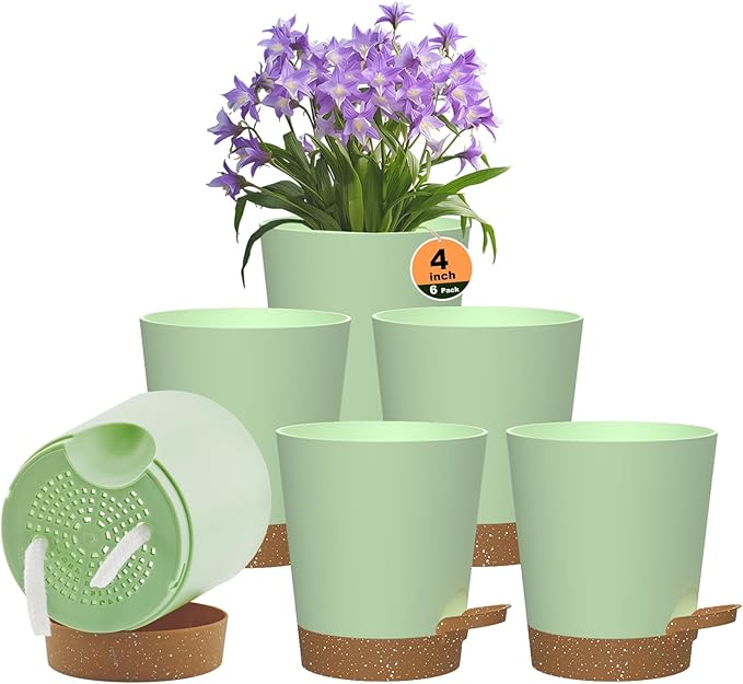 Self Watering Pots, 4 inch Flower Pots with Multi Mesh Drainage Holes, Small Platic Planters for Indoor Outdoor Garden Plants and Flowers (Green with Brown Tray, 4")