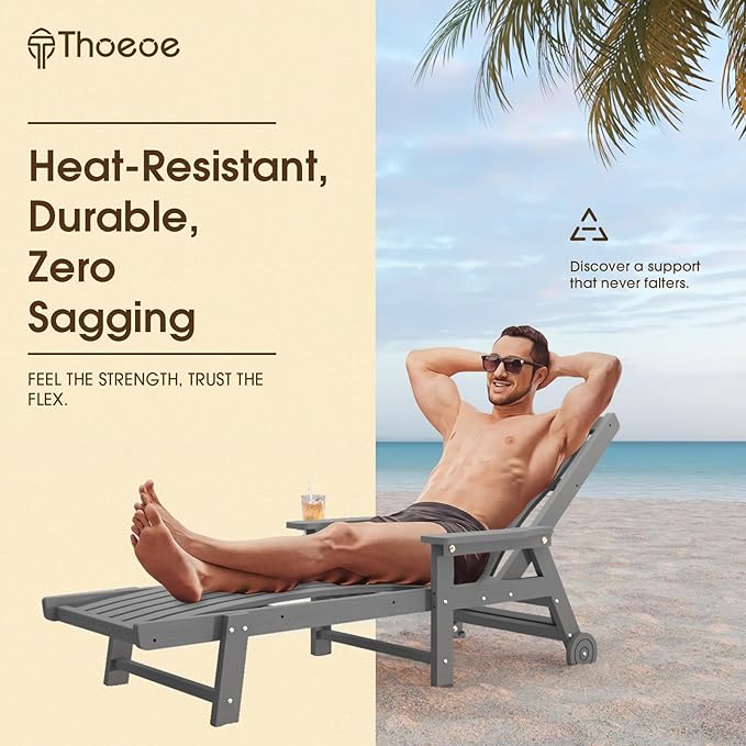 Patio Chaise Lounge Chair, Oversized Lounge Chair Outdoor with 5 Positions, HDPE, Patio Lounge Chair with Wheels & Cup Holder for Pool, Deck, Poolside,Grey