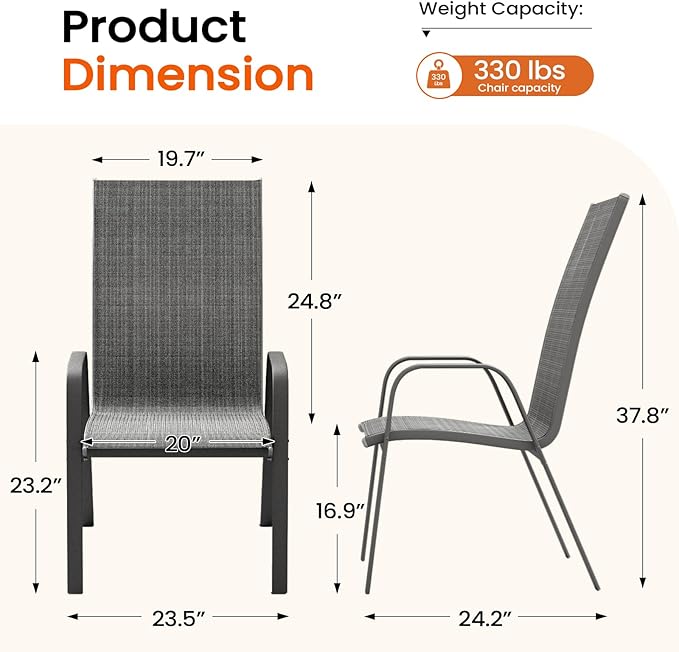 JEAREY Patio Dining Chairs Set of 4, Outdoor Stackable Dining Furniture Set, All Weather Dining Set for Lawn, Garden, Backyard, Poolside, Deep Gray