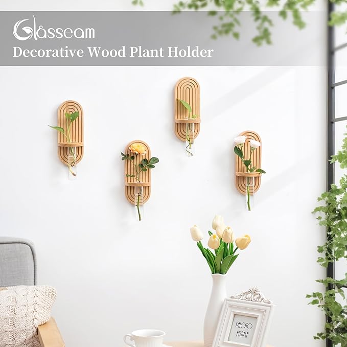 Glasseam Hanging Plant Propagation Stations: Boho Glass Wall Propagation vases Set of 4 - Wood Plant Holder Decorative Planters Terrarium Test Tube for Home Office Indoor Decor