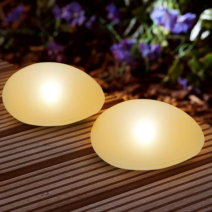 SUNNYPARK Solar Garden Lights Outdoor Set of 4 Plastic Pebble Shape Decorative Rock Lights Waterproof - Warm White
