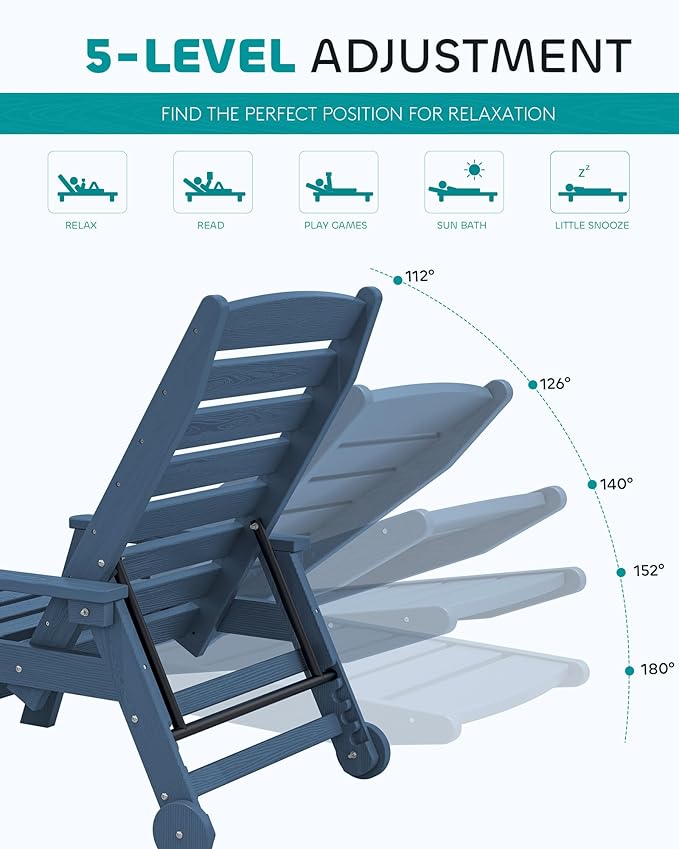 SERWALL Patio Chaise Lounge Chair Set of 6, 5 Positions Adjustable Poly Outdoor Lounger for Pool, HDPE Lounge Chair with Rolling Wheels & Cup Holder for Poolside, Deck, Blue