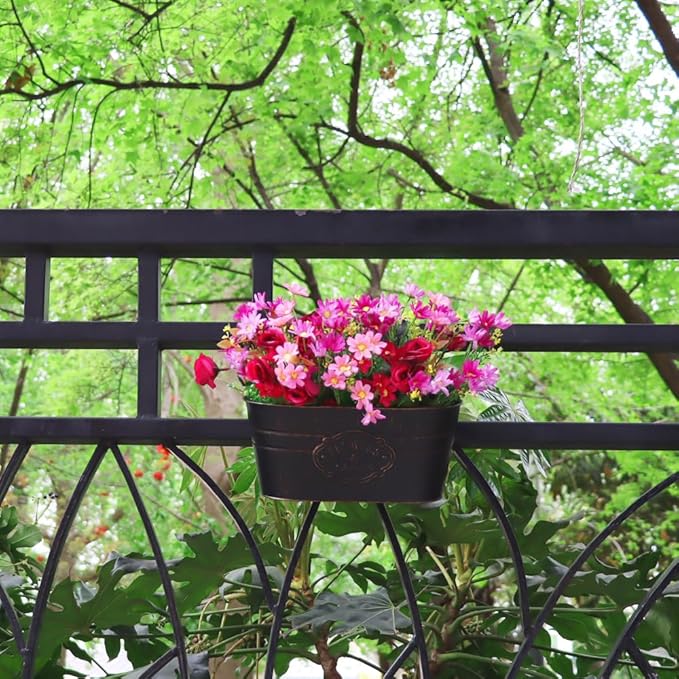 3 Pack Metal Railing Planters, 10.5" Oval Hanging Flower Pots with Detachable Hooks & Drainage Holes, Fits Rails up to 2.36", Galvanized Iron Fence Bucket for Balcony Garden Patio - Letter Black