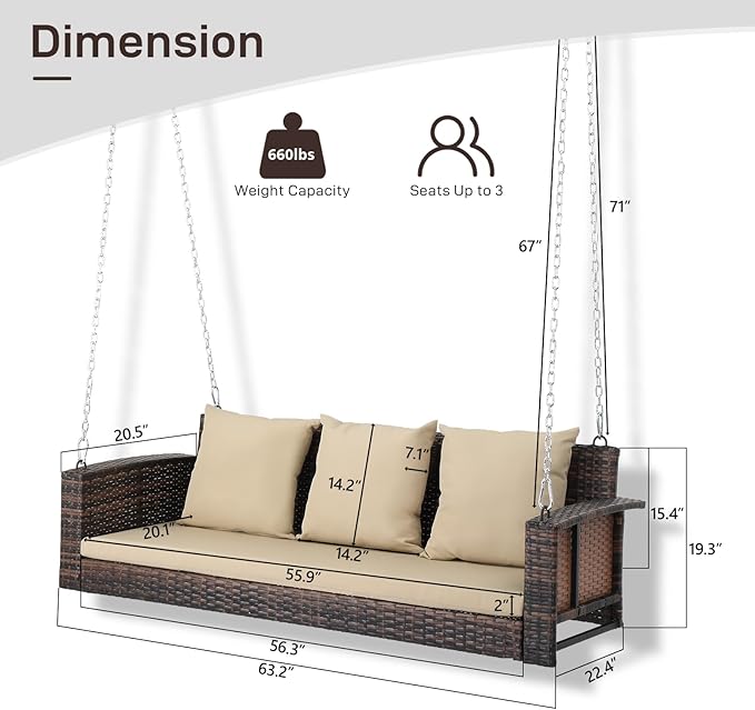 Outvita Porch Swing, 5FT Hanging Outdoor Porch Swings for Adults, Wicker 3 Person Patio Swing, with Cushion, Pillow and Chain for Garden, Backyard, Weight Capacity - 1000lbs
