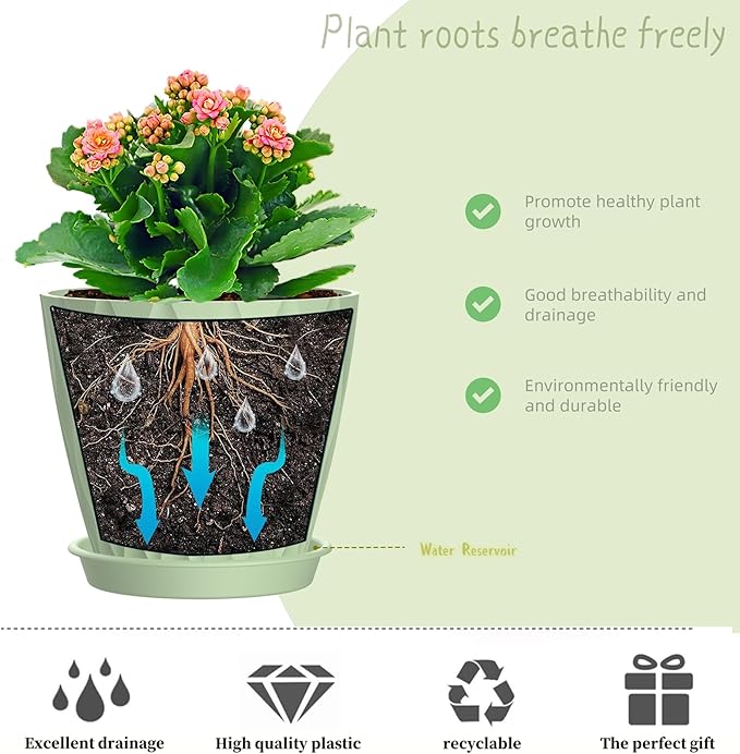 4 Inch Plant Pots, 6 Pack Indoor Flower Pots, Planters with Drainage Holes and Trays for Orchids, Violets, Succulents, Herbs, and Other Plants,Green
