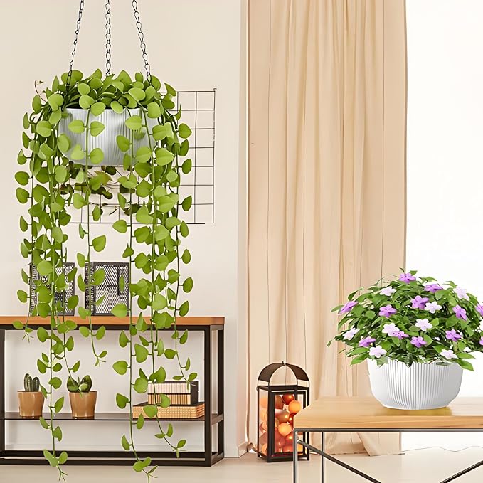 8.8 Inch Hanging Planters for Outdoor Indoor Plants, Set of 2 Self-Watering Hanging Pots with Drainage Hole & Plug II Screw-in Hooks II Non-deforming