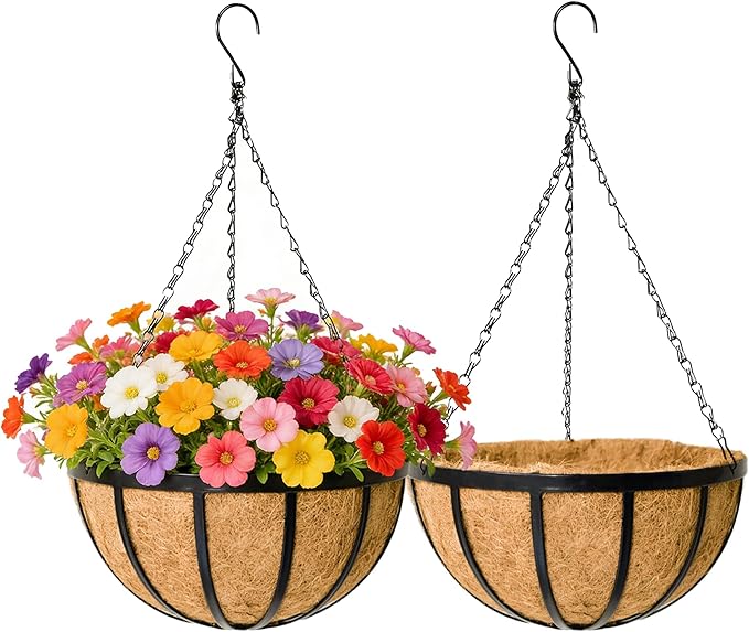 Black Flat Iron Metal Hanging Planter Basket with Coco Coir Liner(2 Pack, 12 Inch) Hanging Planters for Outdoor Plants Round Plant Flower Pots Hanging Flower Basket for Outdoor Patio Garden Decoration