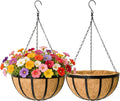 Black Flat Iron Metal Hanging Planter Basket with Coco Coir Liner(2 Pack, 12 Inch) Hanging Planters for Outdoor Plants Round Plant Flower Pots Hanging Flower Basket for Outdoor Patio Garden Decoration