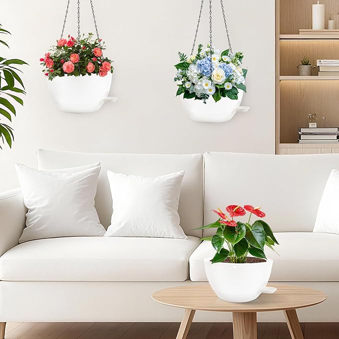 10 inch Hanging Planters for Indoor Plants, 3 Pack Self-Watering Hanging Planter Pots with Chain and Drainage Holes, Outdoor Plastic Hanging Baskets for Garden Home Decor (White, 3pcs/10inch)